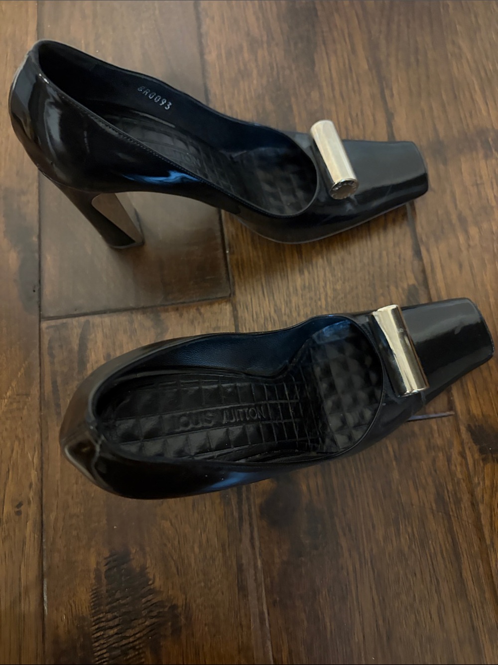 Louis Vuitton Black Patent Leather Square-Toe Pumps with Gold Metal Accent